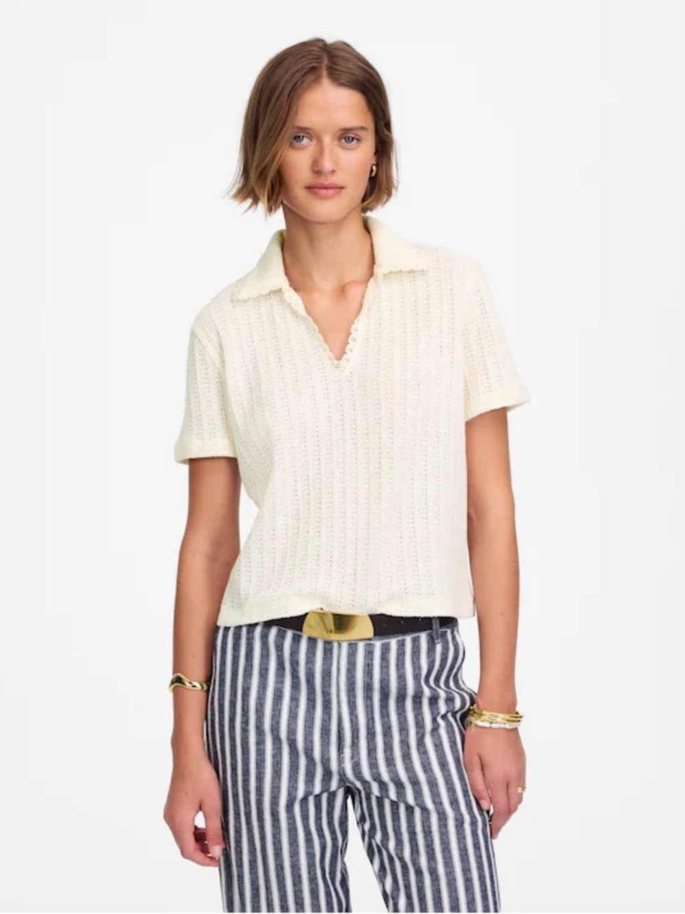 Madewell Crochet Knit V-Neck Sweater Tee in Ivory